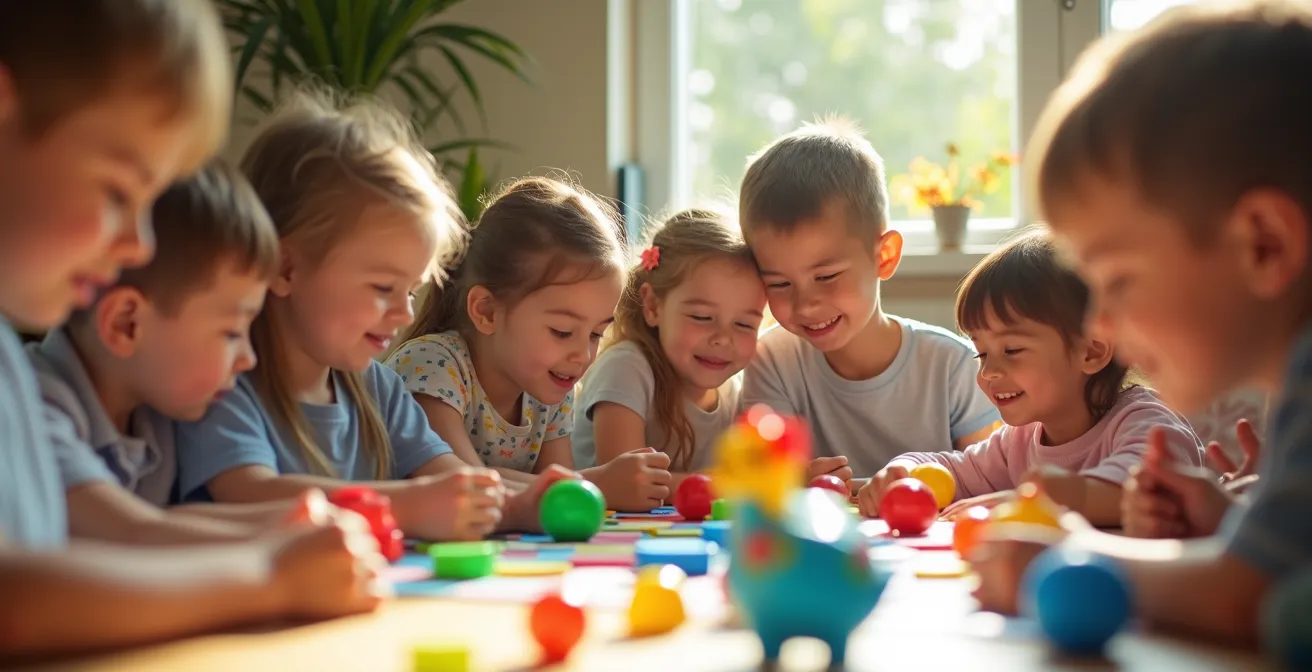 Enfants jouant avec différents types de jeux éducatifs et ludiques, symbolisant l'équilibre des intelligences multiples.