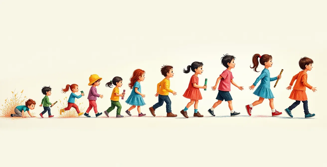 Illustration montrant l’évolution du dessin de l’enfant du gribouillage au dessin figuratif avec différentes étapes