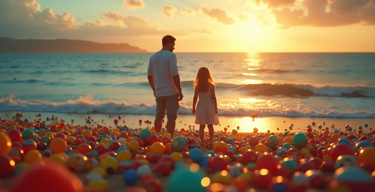 Une mer de jouets colorés avec un parent et un enfant cherchant à choisir un jouet au milieu d'une grande variété