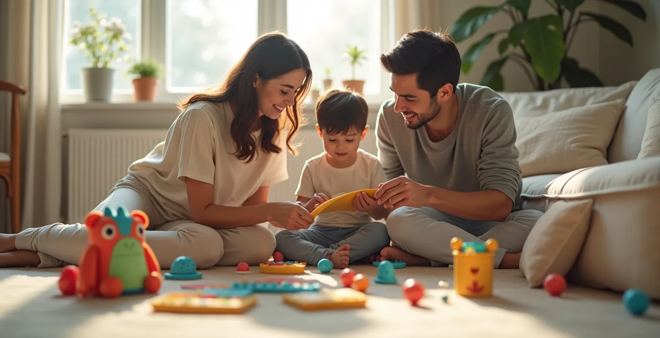 Parents et enfant choisissant ensemble des jeux éducatifs alignés avec leurs valeurs familiales