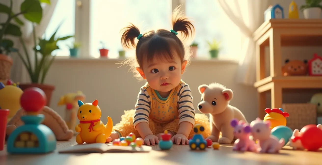 Un enfant évoluant à travers différents stades de développement avec des jouets adaptés illustrant les bons défis au bon moment
