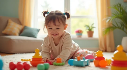 Un enfant jouant seul avec des jouets variés reflétant différents profils ludiques dans un environnement joyeux et coloré