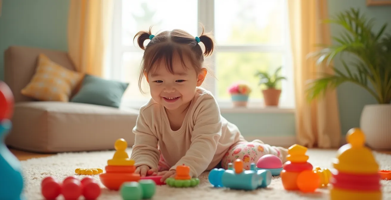 Un enfant jouant seul avec des jouets variés reflétant différents profils ludiques dans un environnement joyeux et coloré