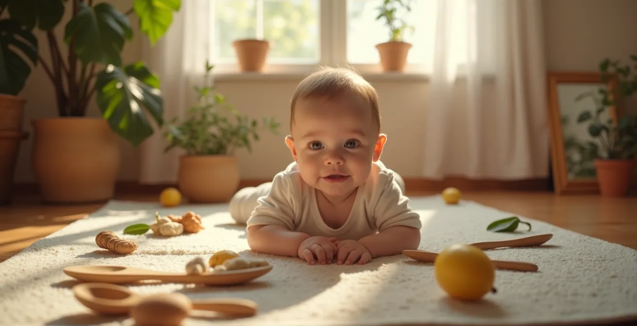 Bébé explorant un environnement intérieur sensoriel avec différents éléments naturels et objets quotidiens pour éveil multisensoriel