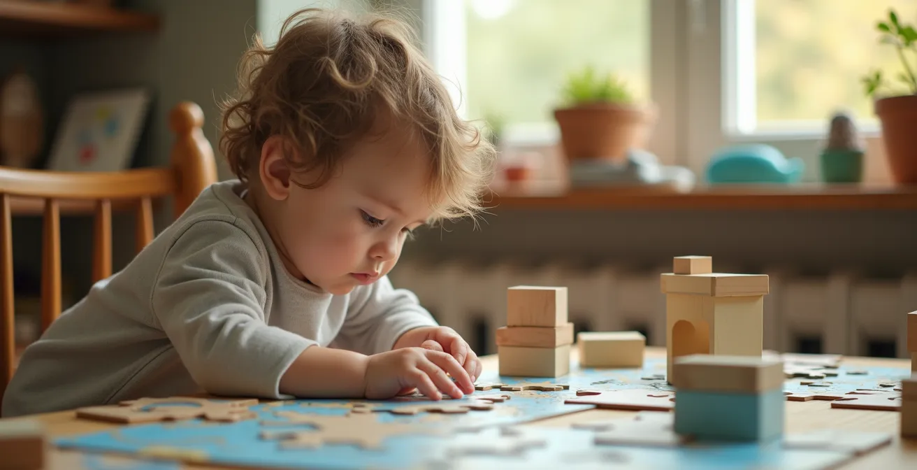 Un enfant explorant un espace ludique interactif avec des éléments puzzles, cartes et jeux de construction.