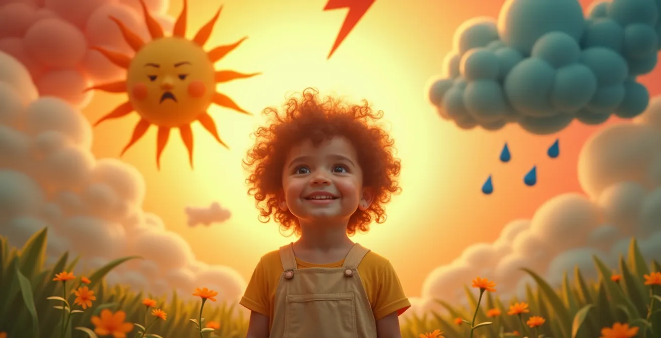 Illustration symbolique d'un enfant entouré d'éléments représentant la joie, la colère et la tristesse dans un univers coloré et ludique