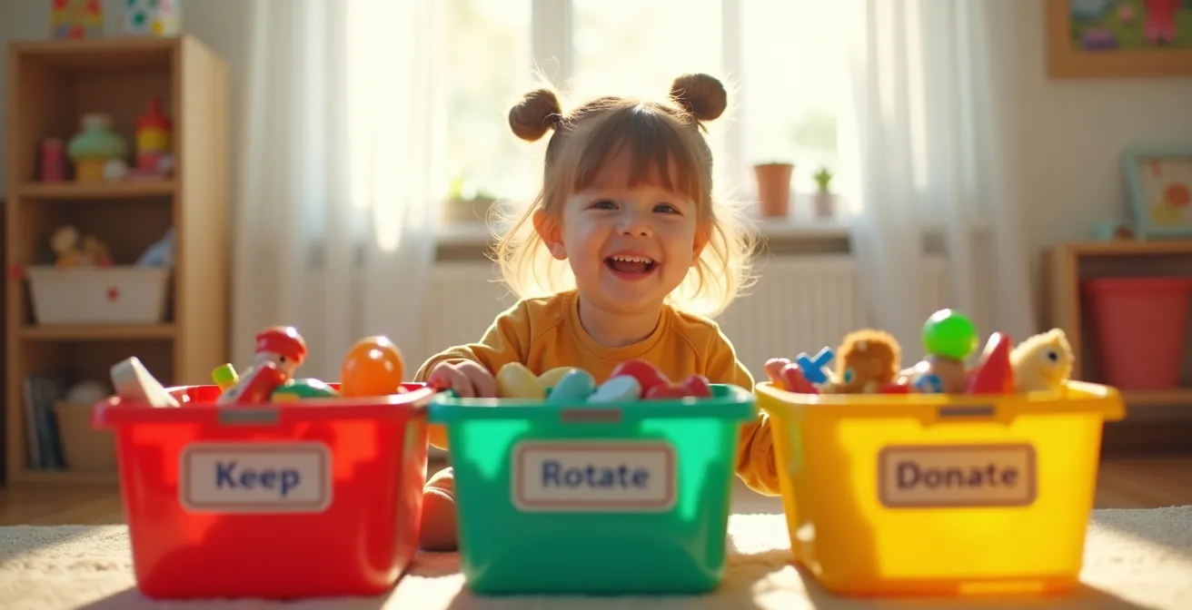 Enfant impliqué dans le tri de ses jouets avec trois bacs colorés, souriant et conscient de la valeur de ses jouets