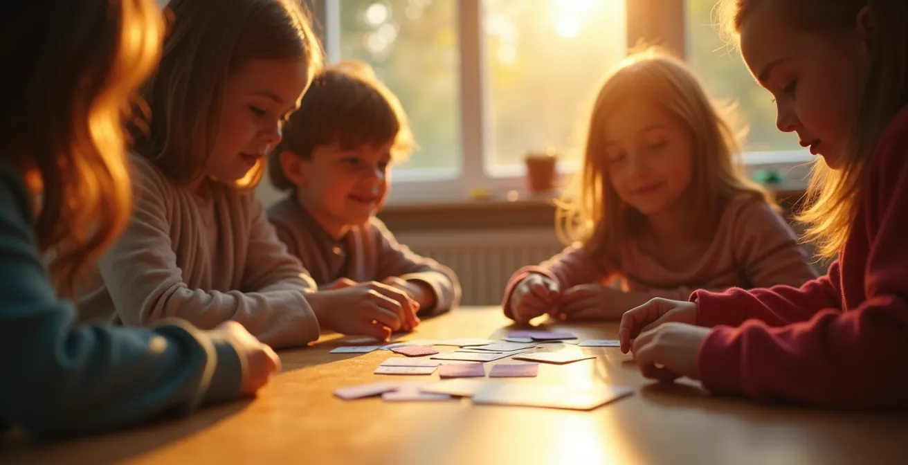 Enfants jouant à des jeux de cartes mathématiques autour d’une table à la maison, ambiance conviviale et ludique