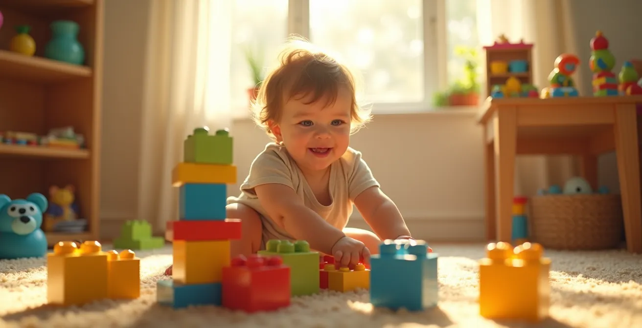 Enfant jouant avec des blocs colorés, symbolisant développement cognitif et créativité par le jeu