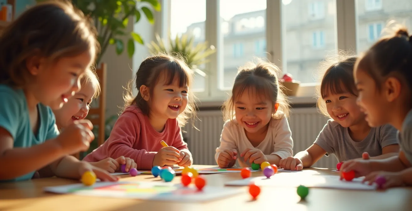 Enfants jouant joyeusement avec des jeux éducatifs variés dans un cadre lumineux et agréable