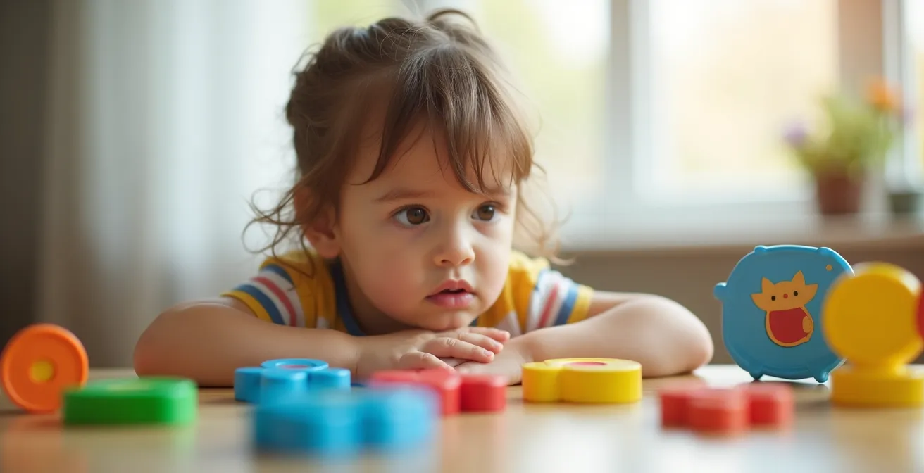Enfant réfléchissant devant divers jeux éducatifs posés sur une table, illustrant la réflexion et le choix