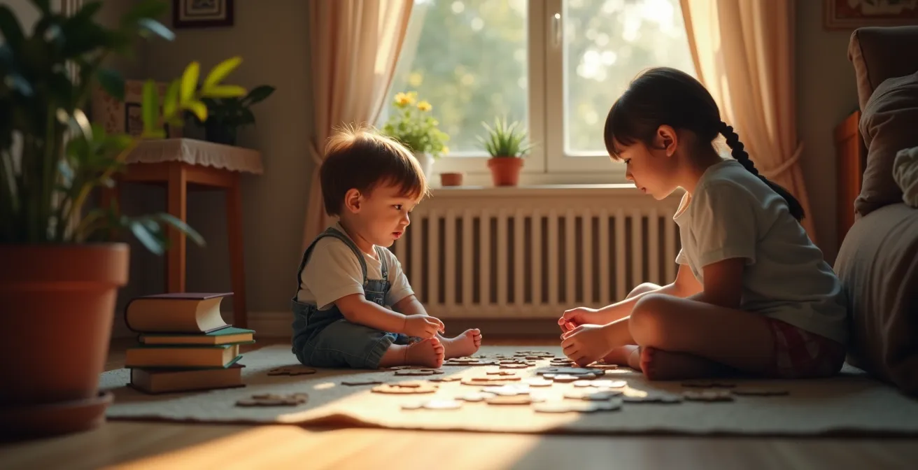 Un enfant introverti jouant calmement seul dans un coin douillet, avec un parent proposant un jeu coopératif à proximité