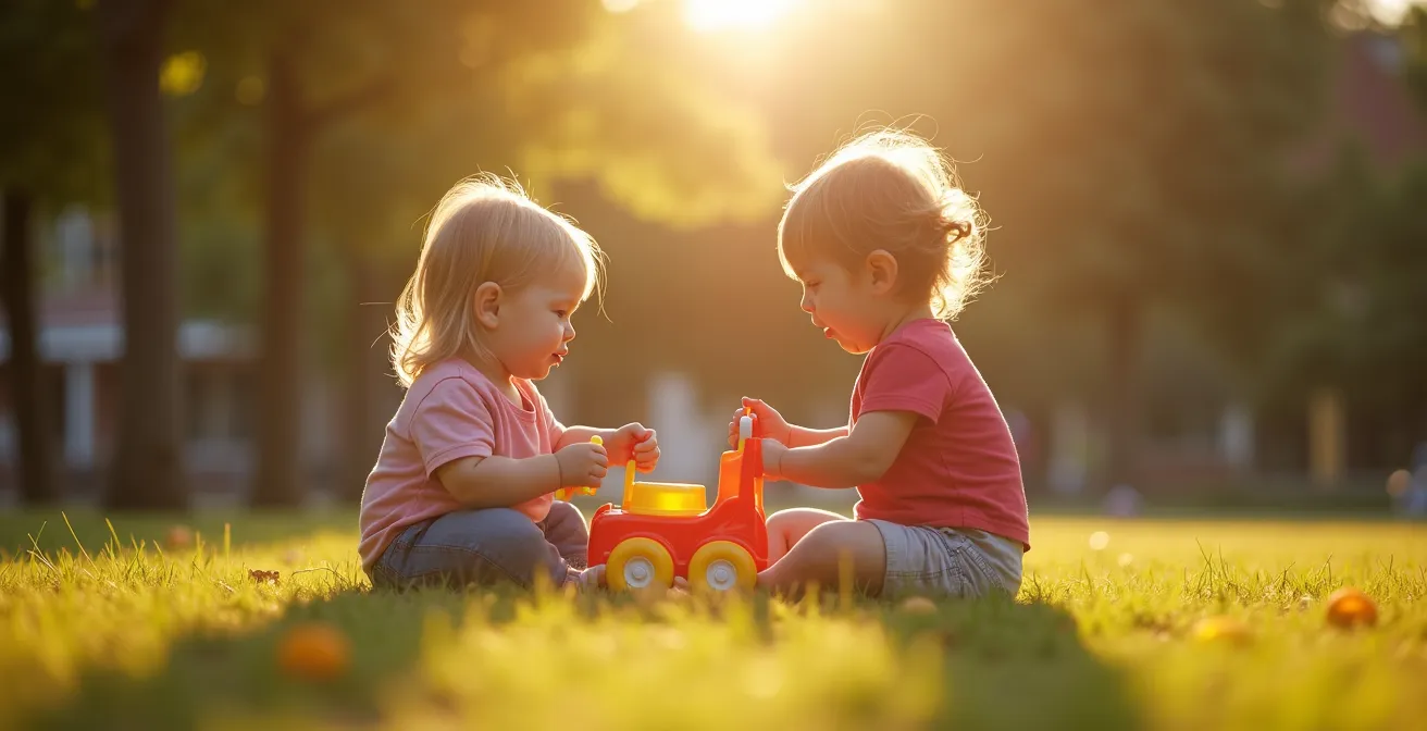 Deux enfants jouant côte à côte sans interaction directe, dans un parc lumineux et naturel
