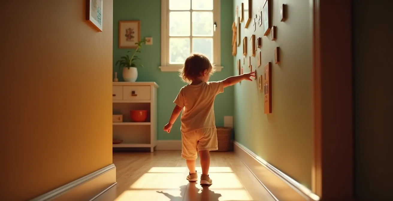 Enfant en train de résoudre un jeu de piste dans une maison avec instructions visuelles et tactiles.