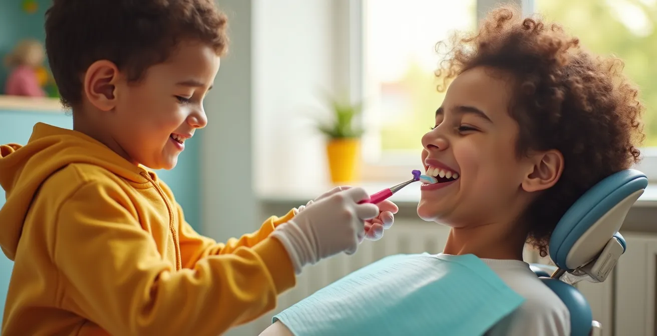Un enfant jouant à faire le dentiste avec un adulte jouant le patient, dans un environnement ludique et rassurant
