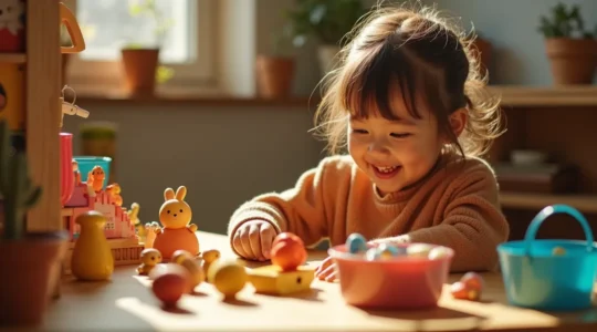 Enfant jouant à la marchande avec des jouets et accessoires colorés, entouré d'éléments évoquant la créativité et l'expression émotionnelle