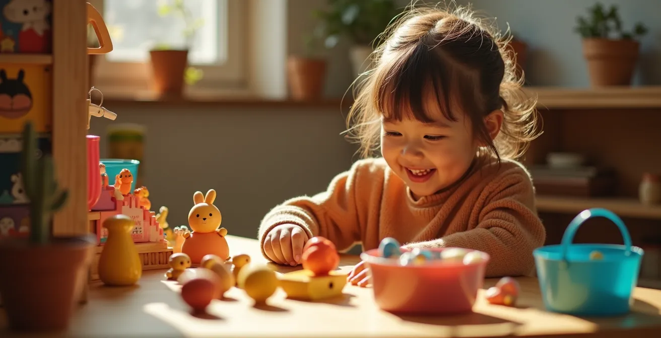 Enfant jouant à la marchande avec des jouets et accessoires colorés, entouré d'éléments évoquant la créativité et l'expression émotionnelle
