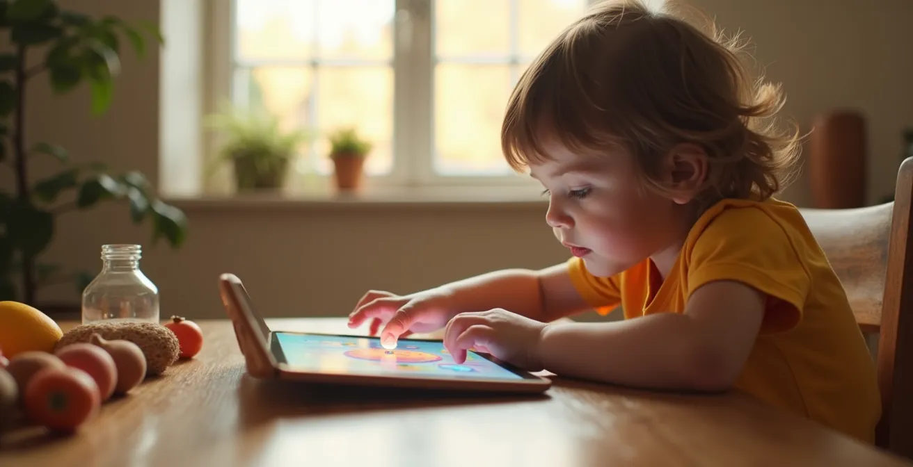 Une scène illustrant un enfant jouant avec un jouet phygital combinant un objet physique et une tablette numérique pour une interaction fluide et écologique