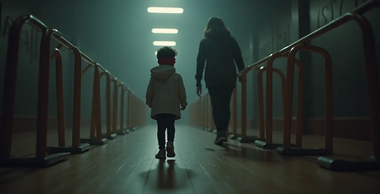 Enfant traversant un parcours à l’aveugle guidé par un adulte, mettant en avant le sens du toucher et de l’ouïe.