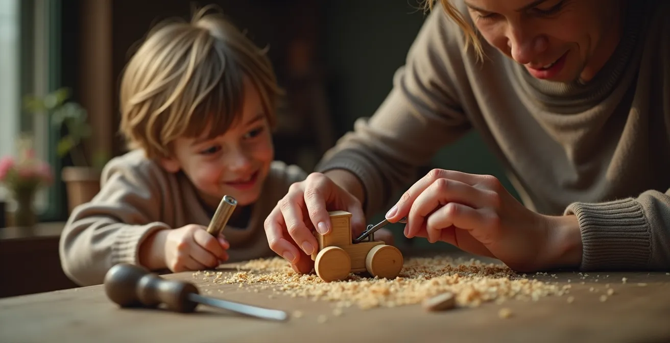 Parent réparant un jouet en bois ancien avec un enfant, illustrant la transmission et le soin