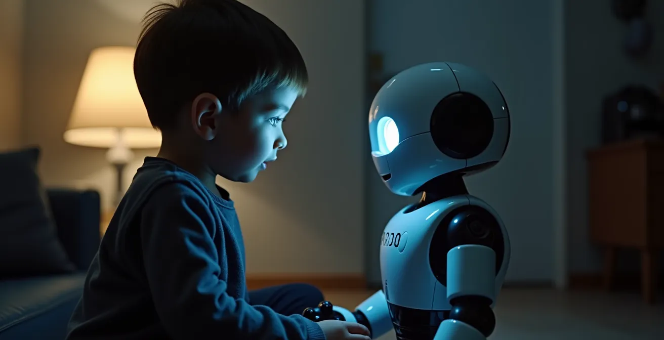 Un enfant jouant avec un robot-jouet intelligent dans un cadre domestique, illustrant l'interaction numérique et les enjeux de la vie privée