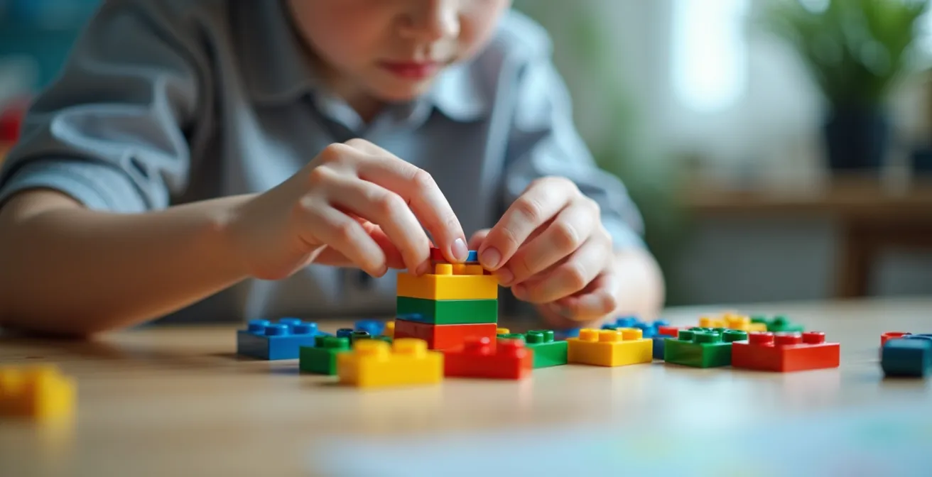 Enfant concentré assemblant des briques Lego, symbolisant les connexions neuronales et la planification spatiale.