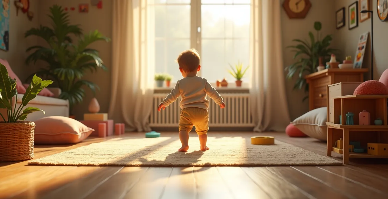 Enfant explorant un environnement sécurisé aménagé dans une maison, invitant à la découverte et à la motricité libre