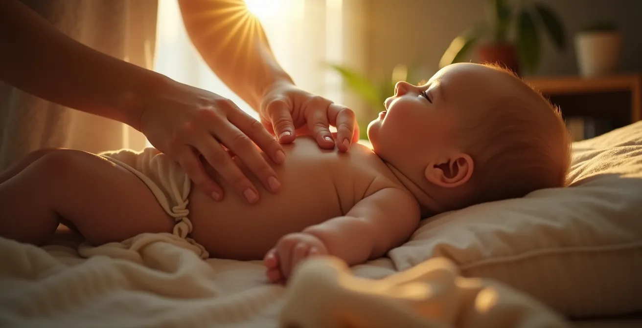 Parent massant doucement un bébé avec une plume et un foulard en soie, dans une ambiance chaleureuse et cocooning.