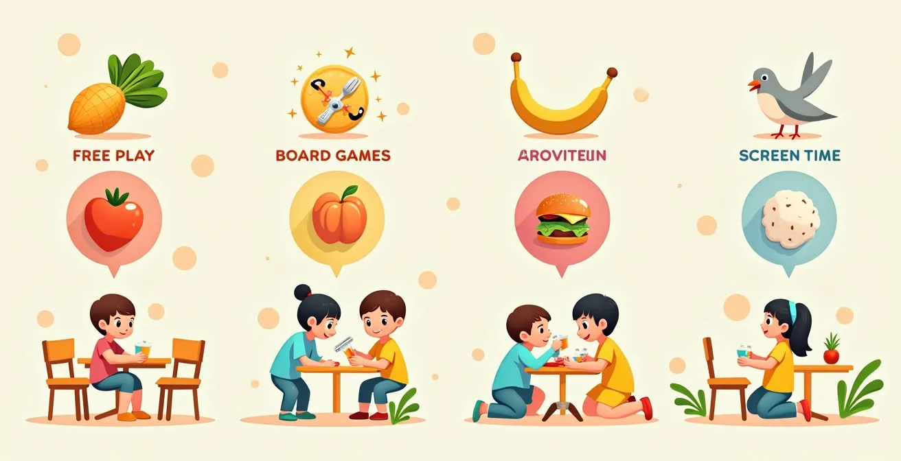 Illustration d'une journée de jeu équilibrée avec différentes activités ludiques représentant un équilibre entre jeu libre, jeux sociaux, créatifs et temps d'écran modéré
