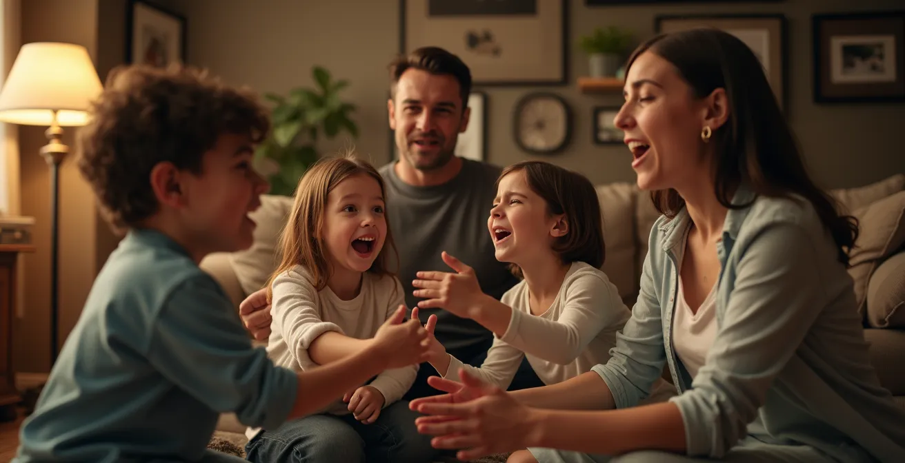 Illustration d'une famille jouant à un jeu de mime des émotions, chacun exprimant différentes expressions faciales et corporelles