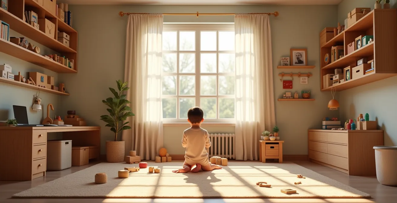 Chambre d'enfant organisée selon la méthode Montessori avec espaces de jeu créatifs et rangements accessibles