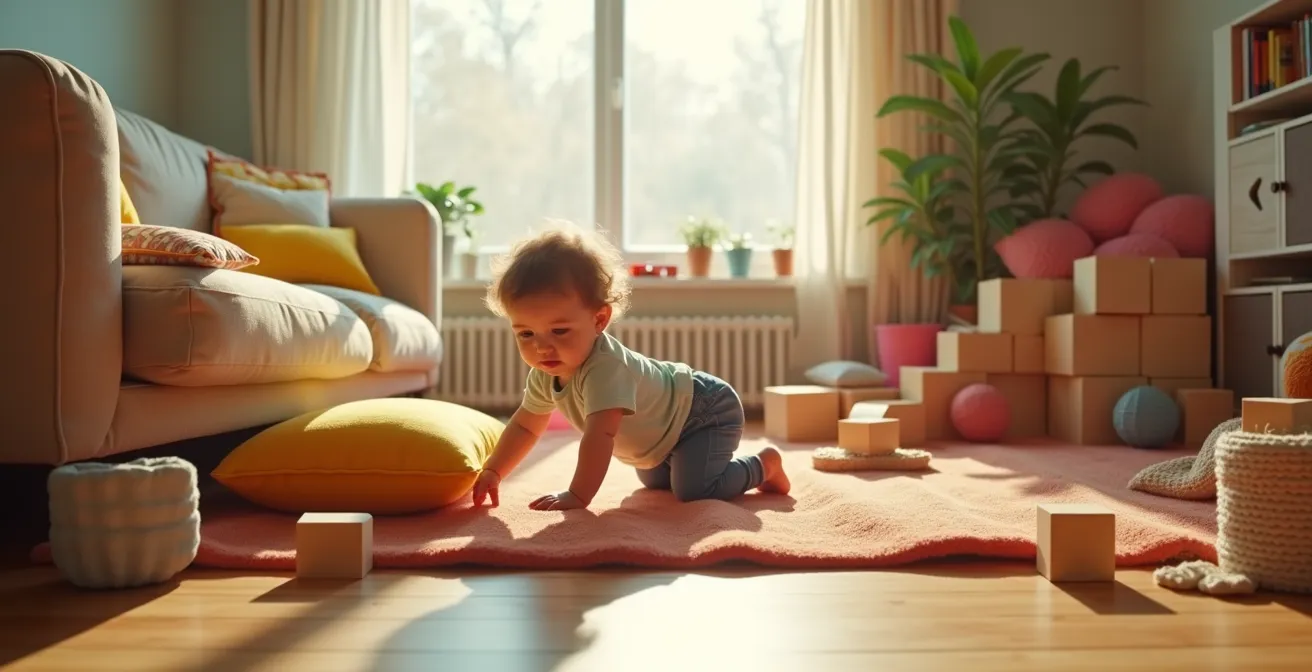Enfant réalisant un parcours moteur avec diverses textures et obstacles sensoriels dans un salon familial