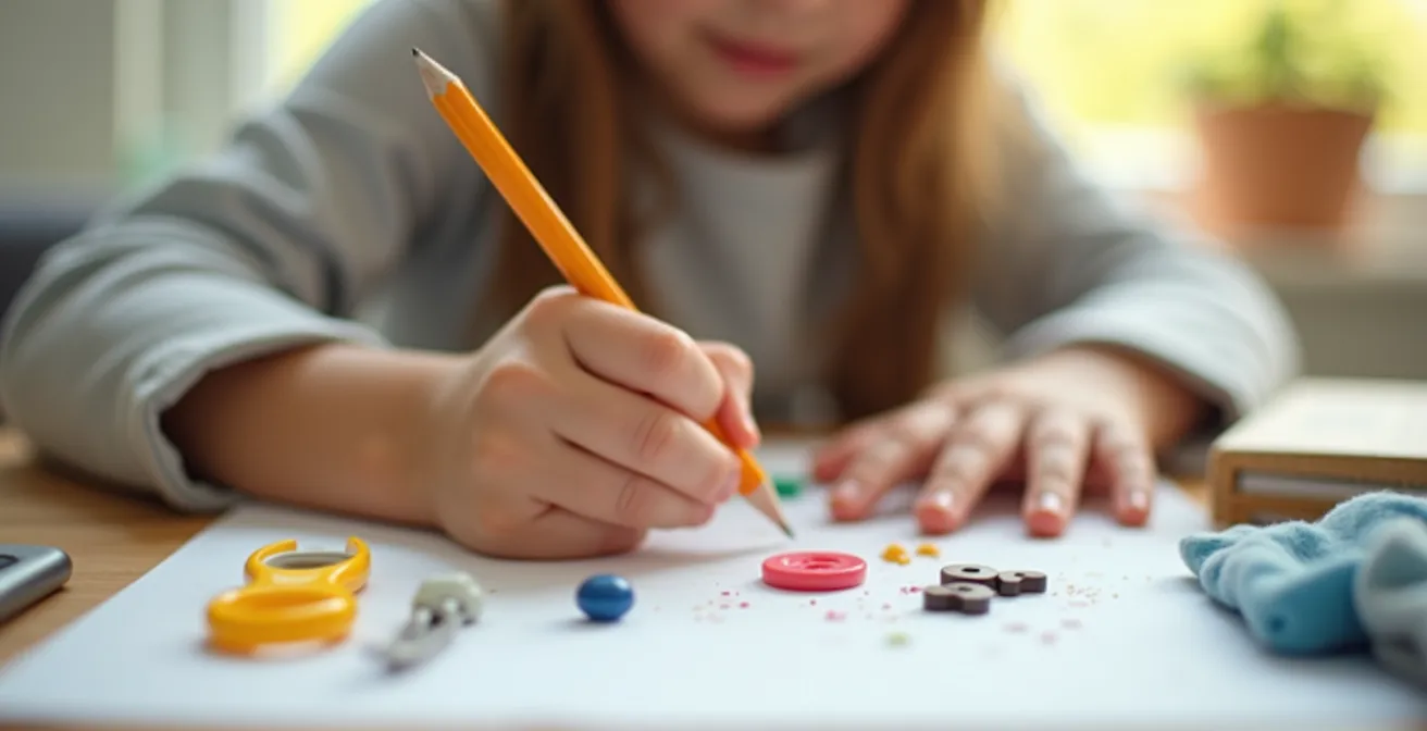 Deux mains d'enfant tenant un crayon avec précision, entourées de petits objets comme des perles, des boutons et des ciseaux, symbolisant le développement de la motricité fine.