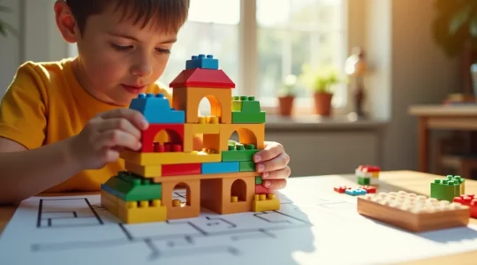 Un enfant construit une maquette colorée avec des briques, incarnant la créativité architecturale et le jeu d'apprentissage