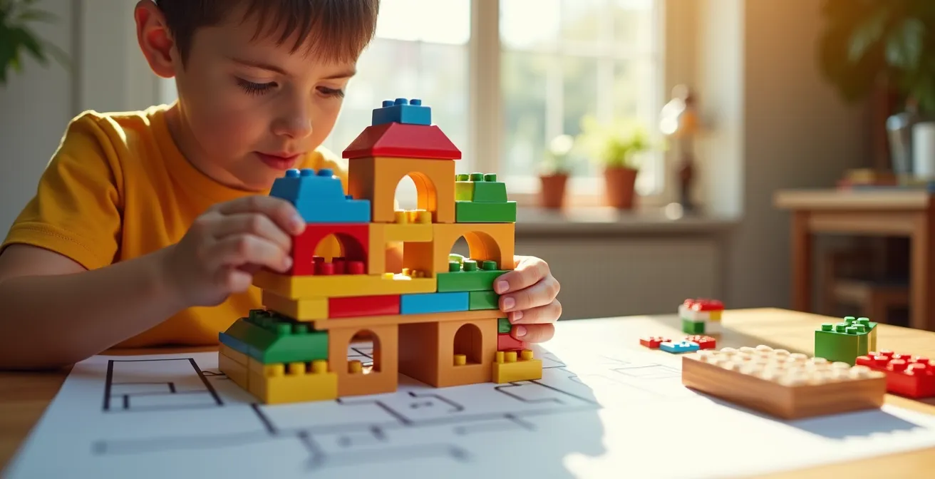 Un enfant construit une maquette colorée avec des briques, incarnant la créativité architecturale et le jeu d'apprentissage