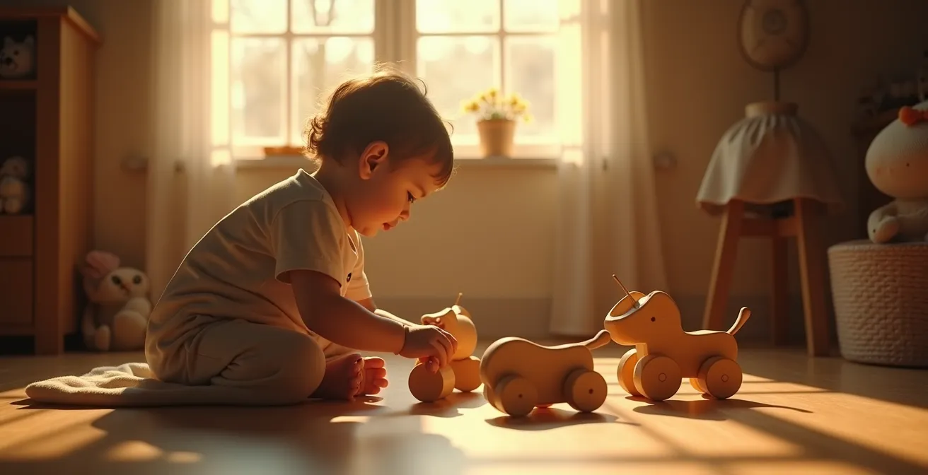 Enfant jouant avec des jouets en bois et en tissu dans un cadre chaleureux et naturel