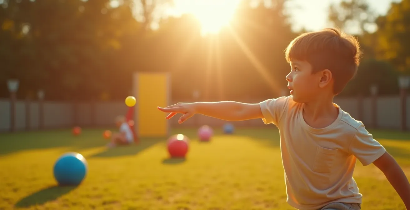 Enfant pratiquant un jeu de lancer avec des cibles variées reflétant la progression de la difficulté.