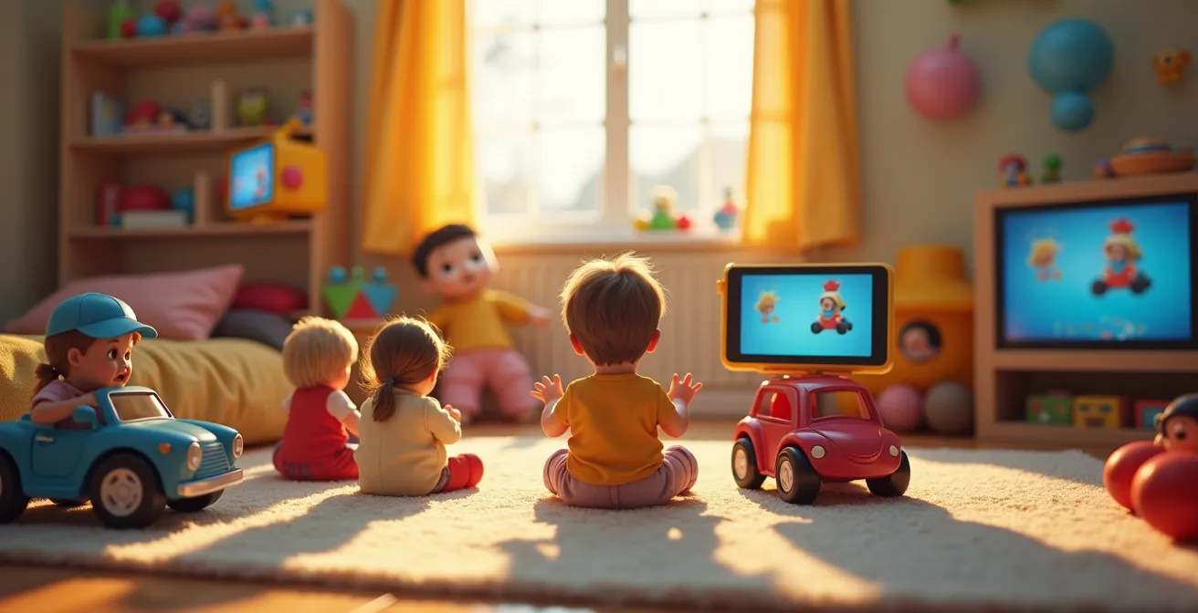 Une chambre d'enfant moderne où cohabitent jouets traditionnels, jeux numériques et objets interactifs, symbolisant l'évolution ludique