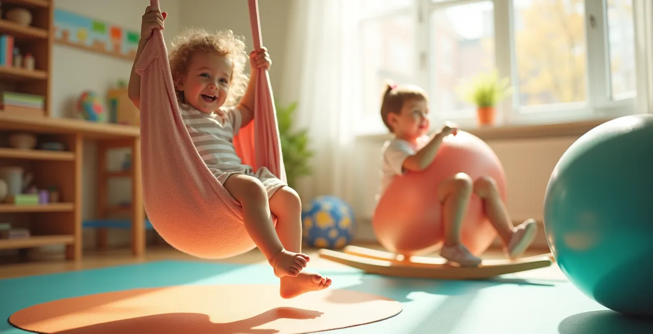 Enfant effectuant diverses activités ludiques pour stimuler le système vestibulaire, avec balançoire, ballon et jeux de balancement