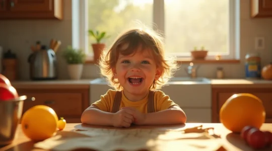 Enfant souriant jouant dans une cuisine colorée transformée en terrain d'aventure quotidienne avec des éléments de courses, repas et ménage