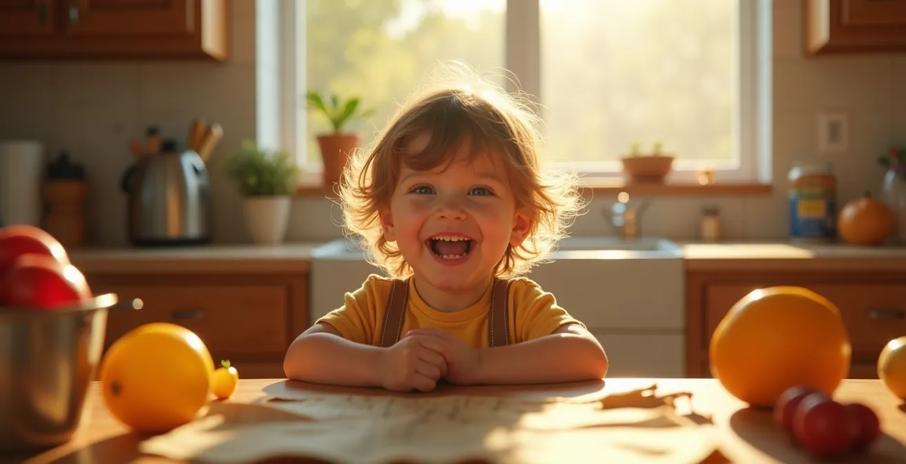 Enfant souriant jouant dans une cuisine colorée transformée en terrain d'aventure quotidienne avec des éléments de courses, repas et ménage
