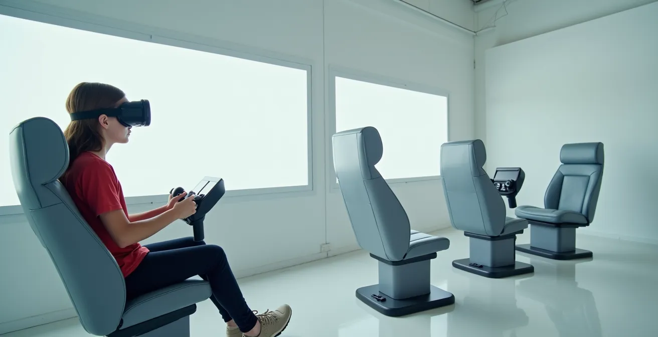 Un adolescent dans un simulateur de vol en réalité virtuelle reproduisant un cockpit d'avion