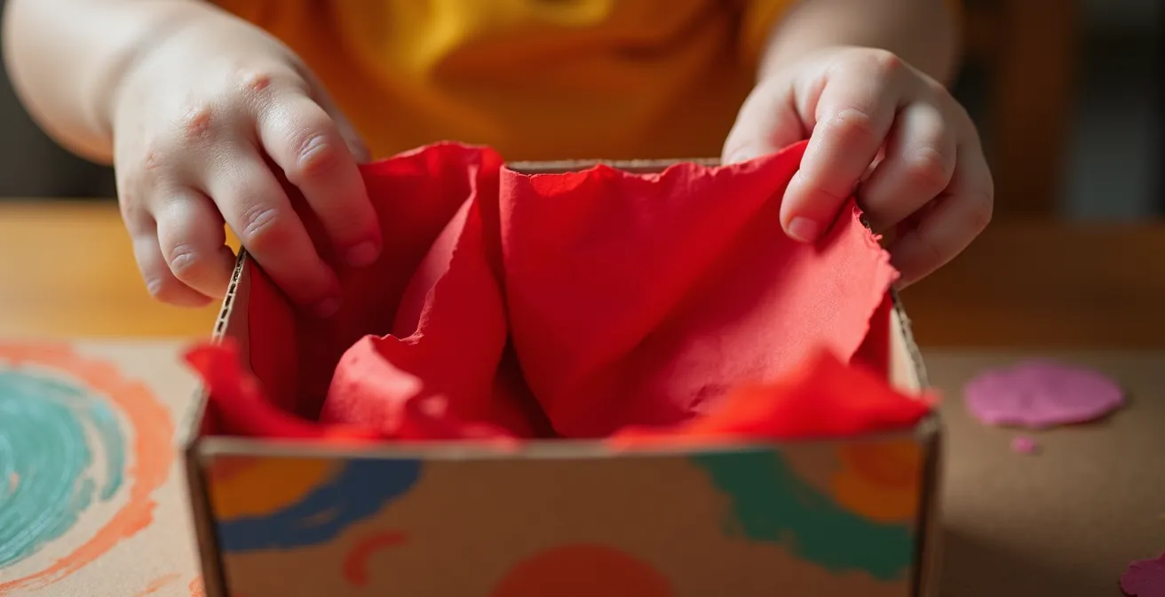 Mains d'enfant déposant un papier froissé rouge dans une boîte décorée