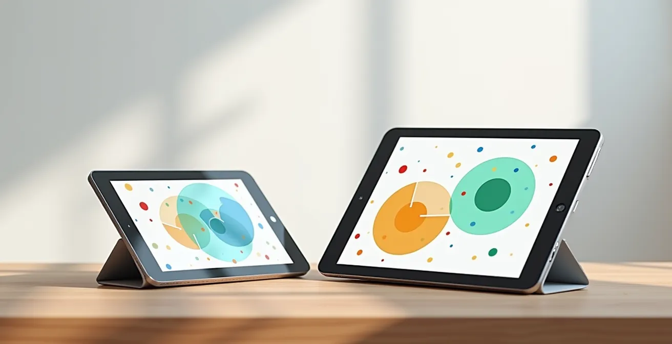 Écrans stylisés montrant des interfaces colorées abstraites sans texte visible