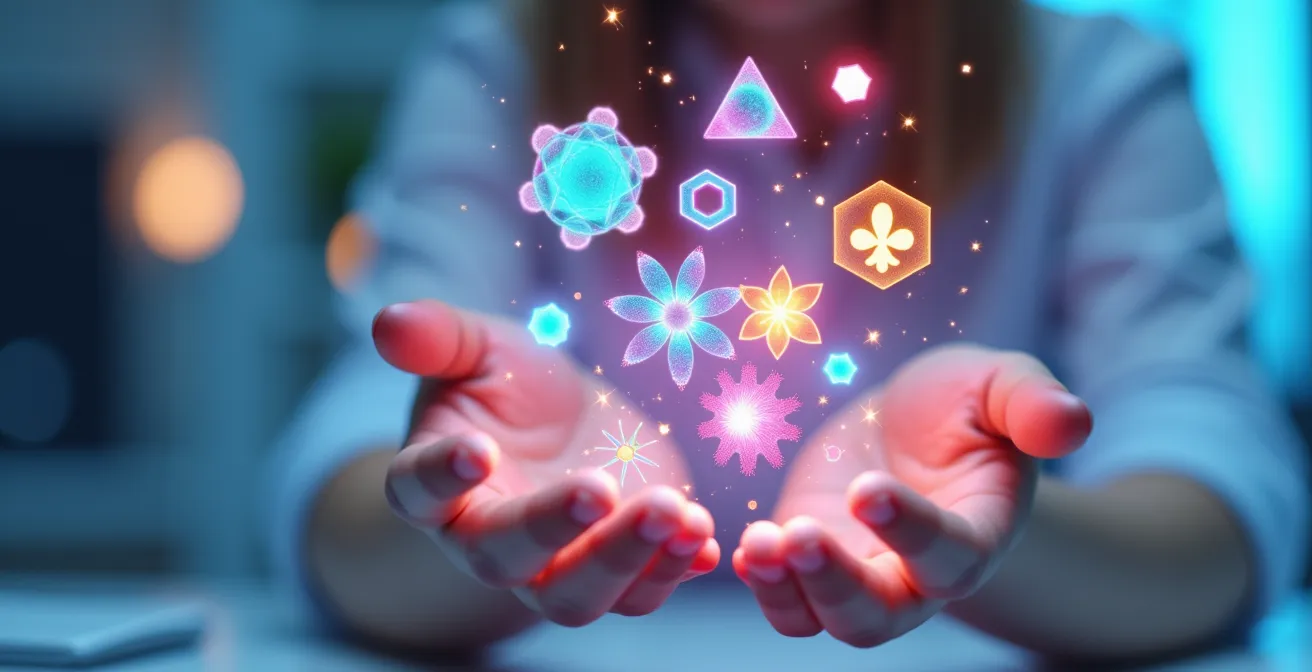 Adolescent créant son avatar numérique sur une interface abstraite et colorée