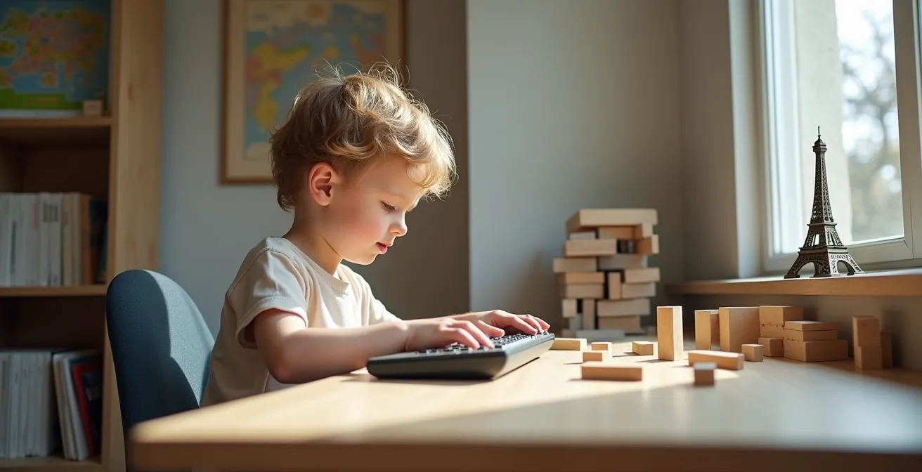 Enfant concentré construisant une réplique virtuelle d'un monument français dans Minecraft