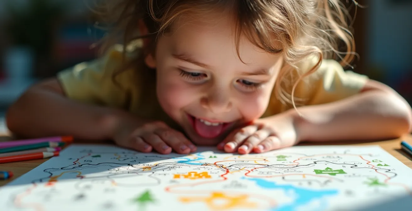 Enfant créant une carte colorée de son aventure imaginaire avec crayons et papiers