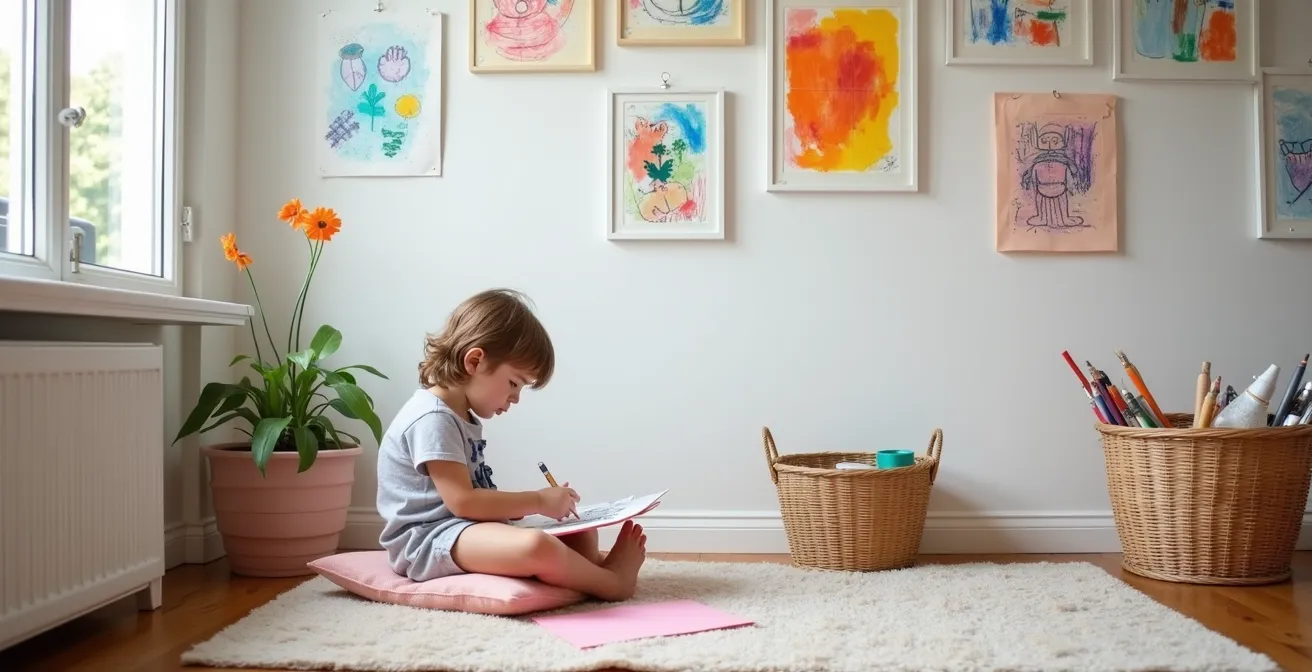 Enfant concentré créant un dessin abstrait entouré de créations colorées accrochées au mur