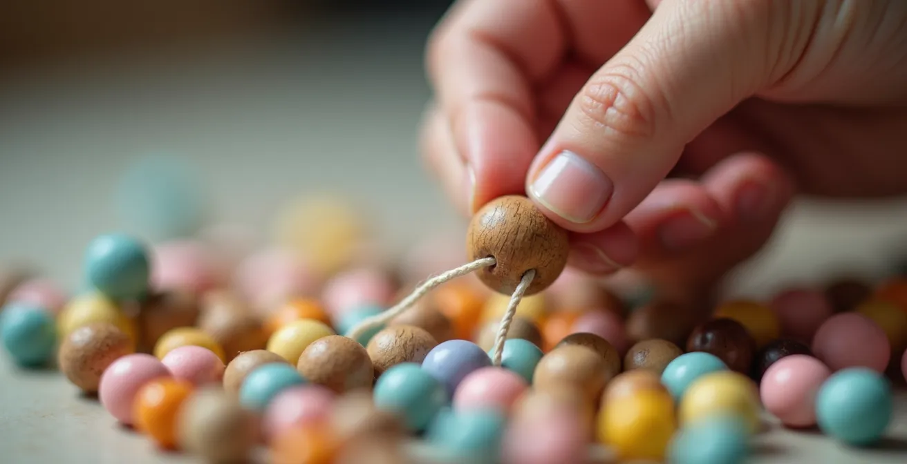 Gros plan sur les mains d'un enfant enfilant des perles colorées avec une grande précision