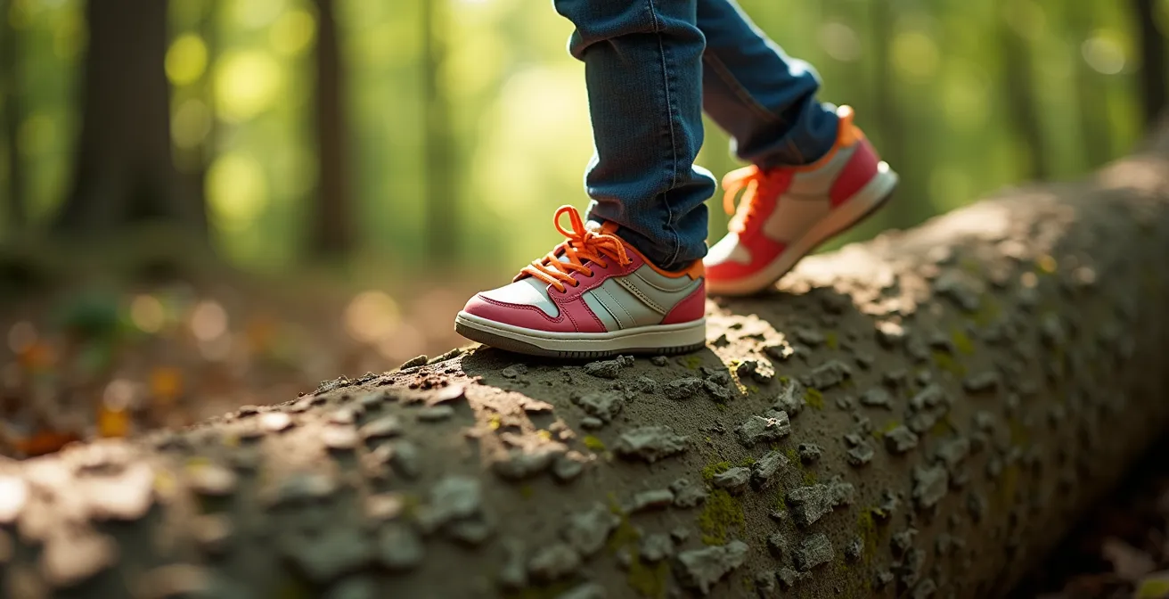 Enfant marchant en équilibre sur un tronc d'arbre couché dans un parc